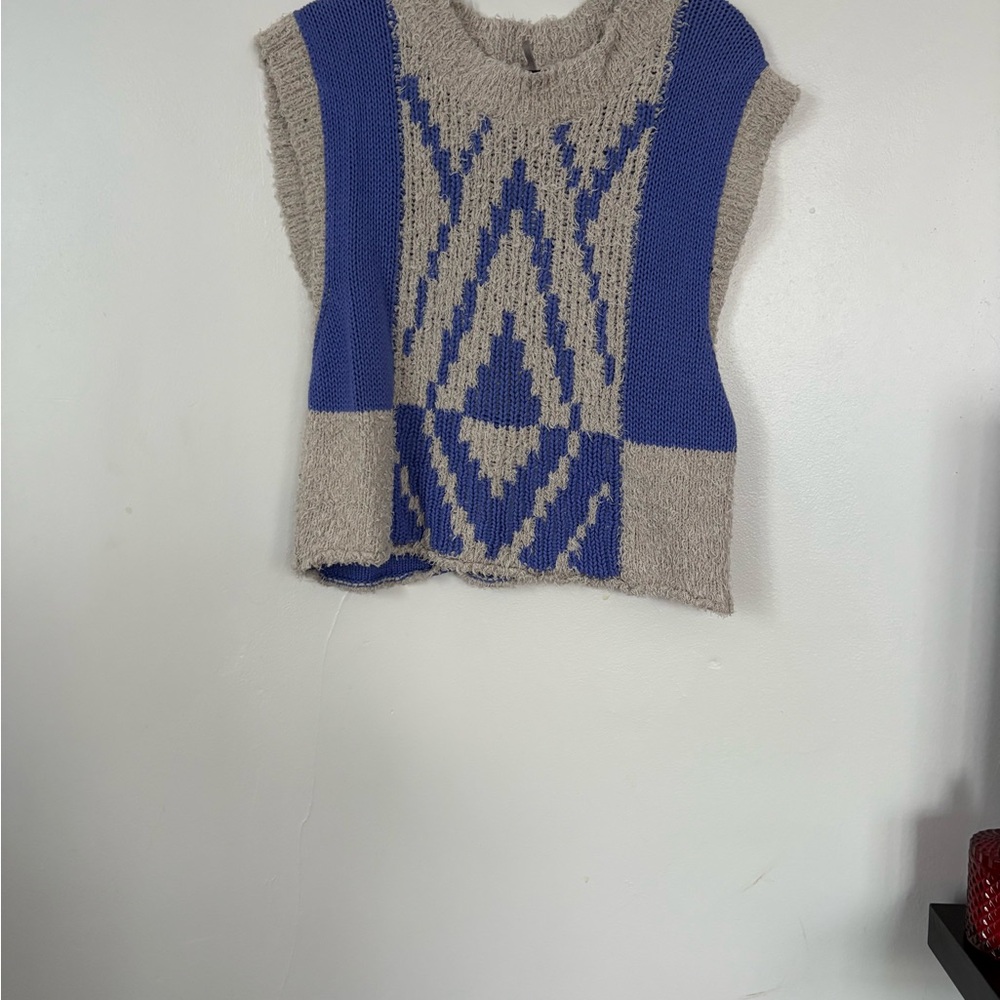 Free People Blue and Gray Geometric Sweater